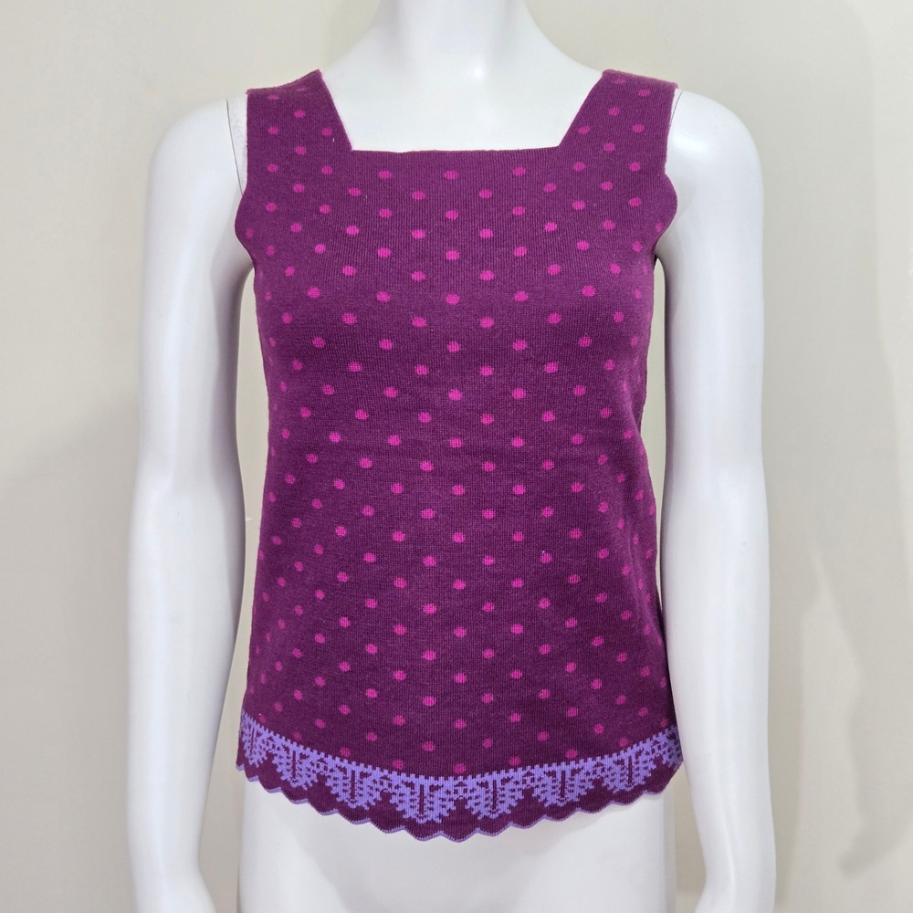 Oleana Knit Tank Top Women Medium Plum Purple Polka Dot Silk Merino Wool Norway